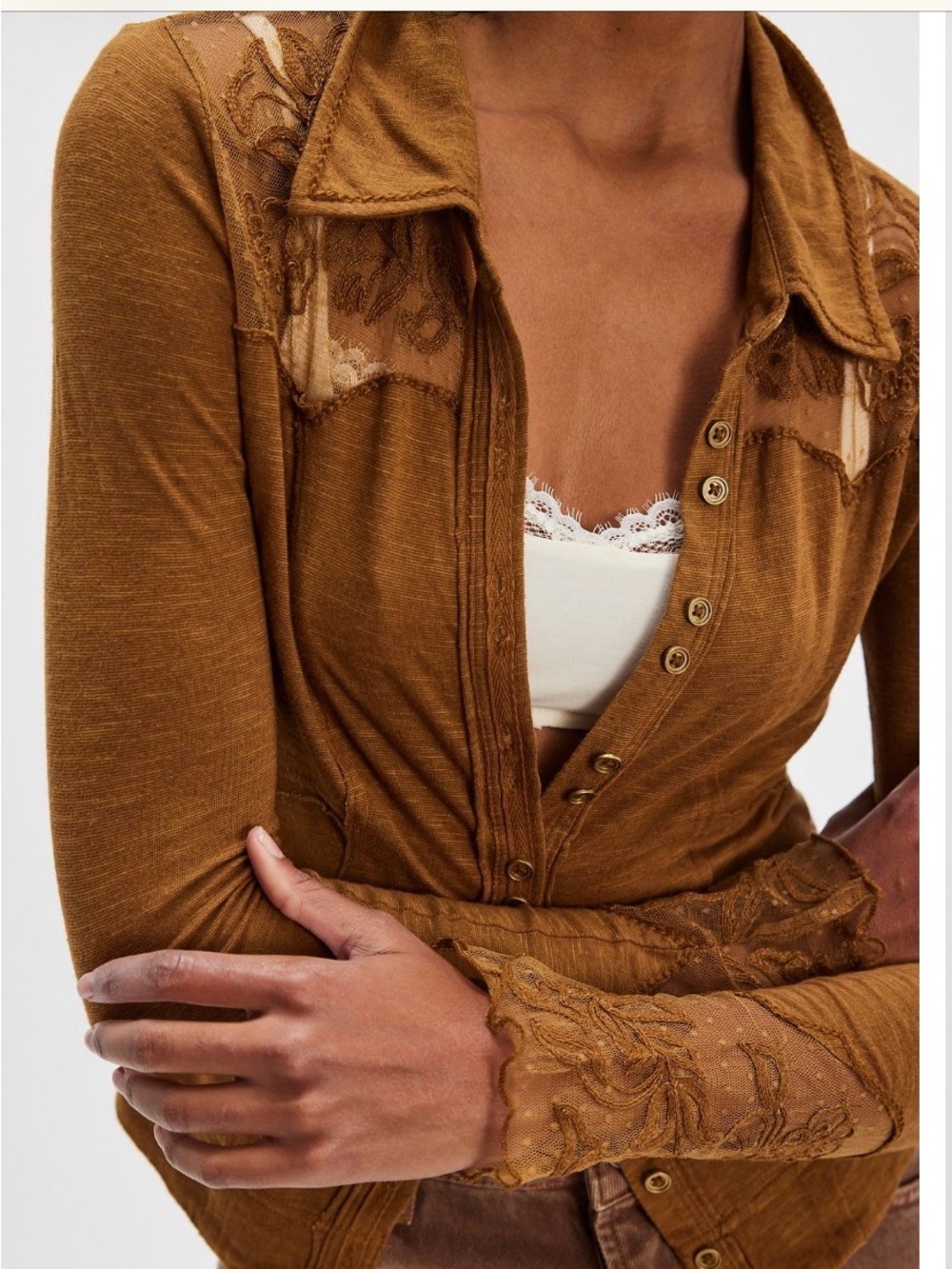 Free People Lace-Yoke Button-Up Blouse in Camel Brown